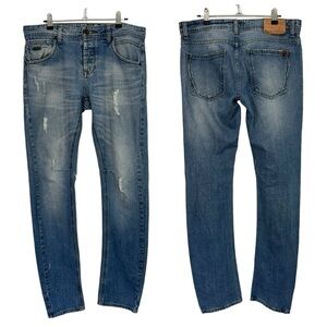 Rifle Slim Straight Leg Jeans Mens 32/35 Medium Wash Denim Distressed Casual GUC